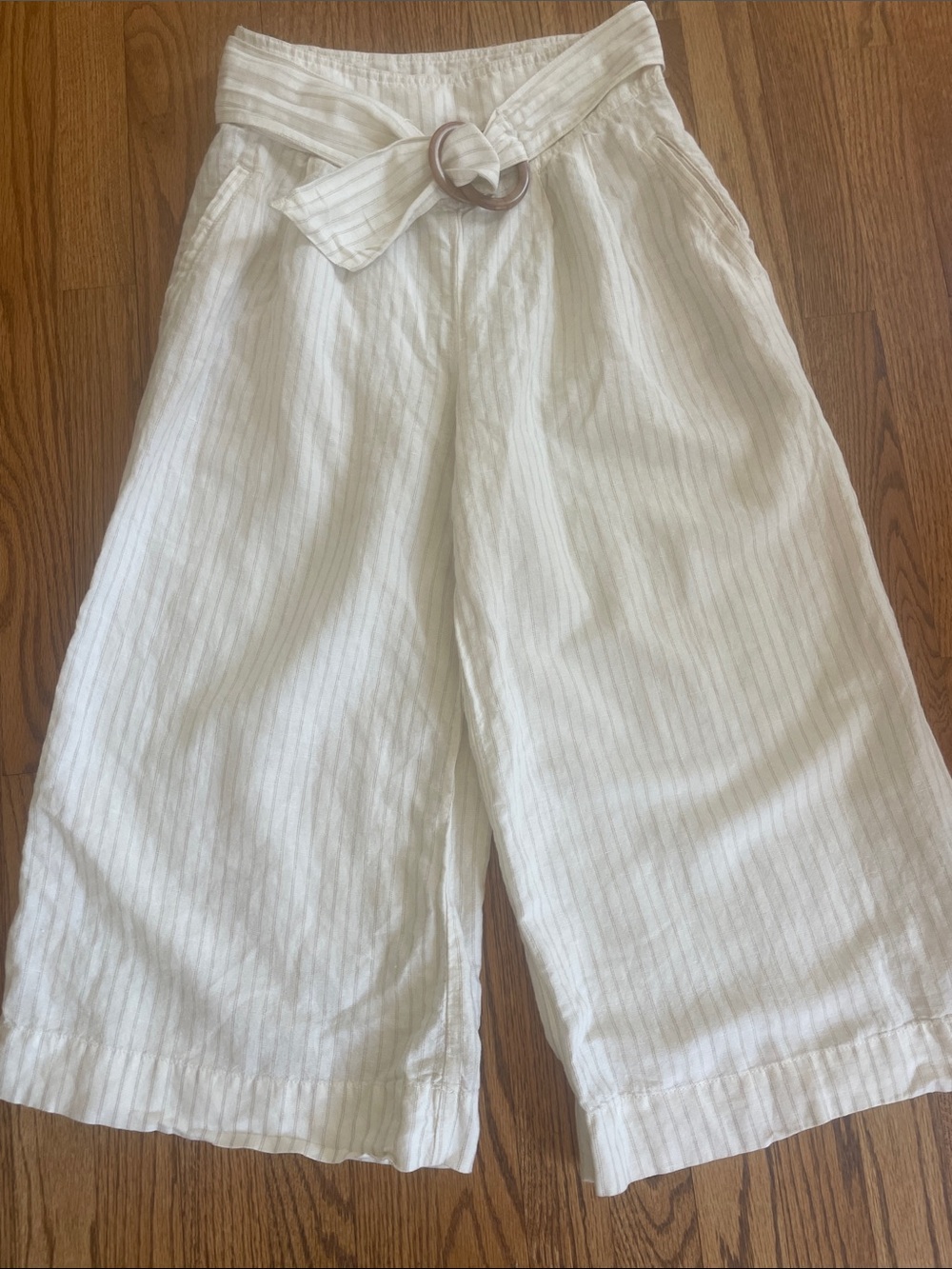 Anthropologie Cream Striped Linen Blend Wide-Leg Belted Pants Culottes Size 0 - Picture 6 of 11